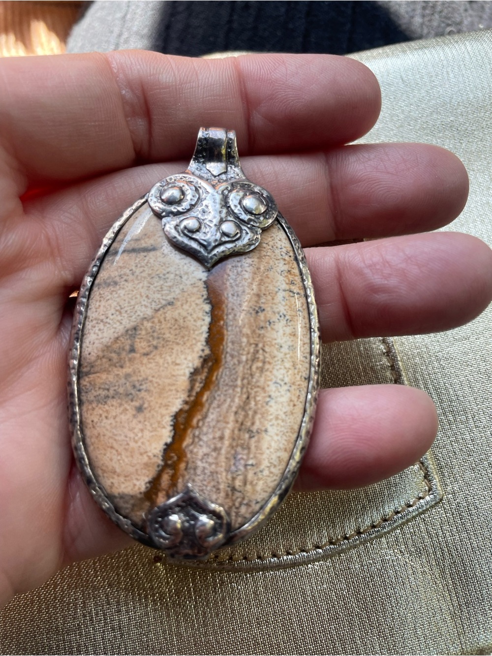 Boho Beige Jasper Oval Pendant Necklace - Silver